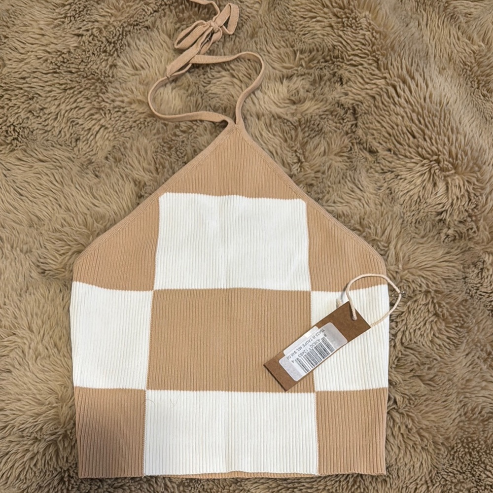 Tan and White Checkered Halter Top